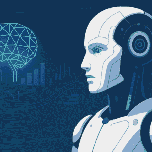Futuristic humanoid robot analyzing data with a digital brain interface, symbolizing artificial intelligence trends in 2025